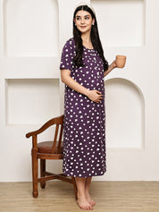 Violet Heart Print Hosiery Maternity Nighty