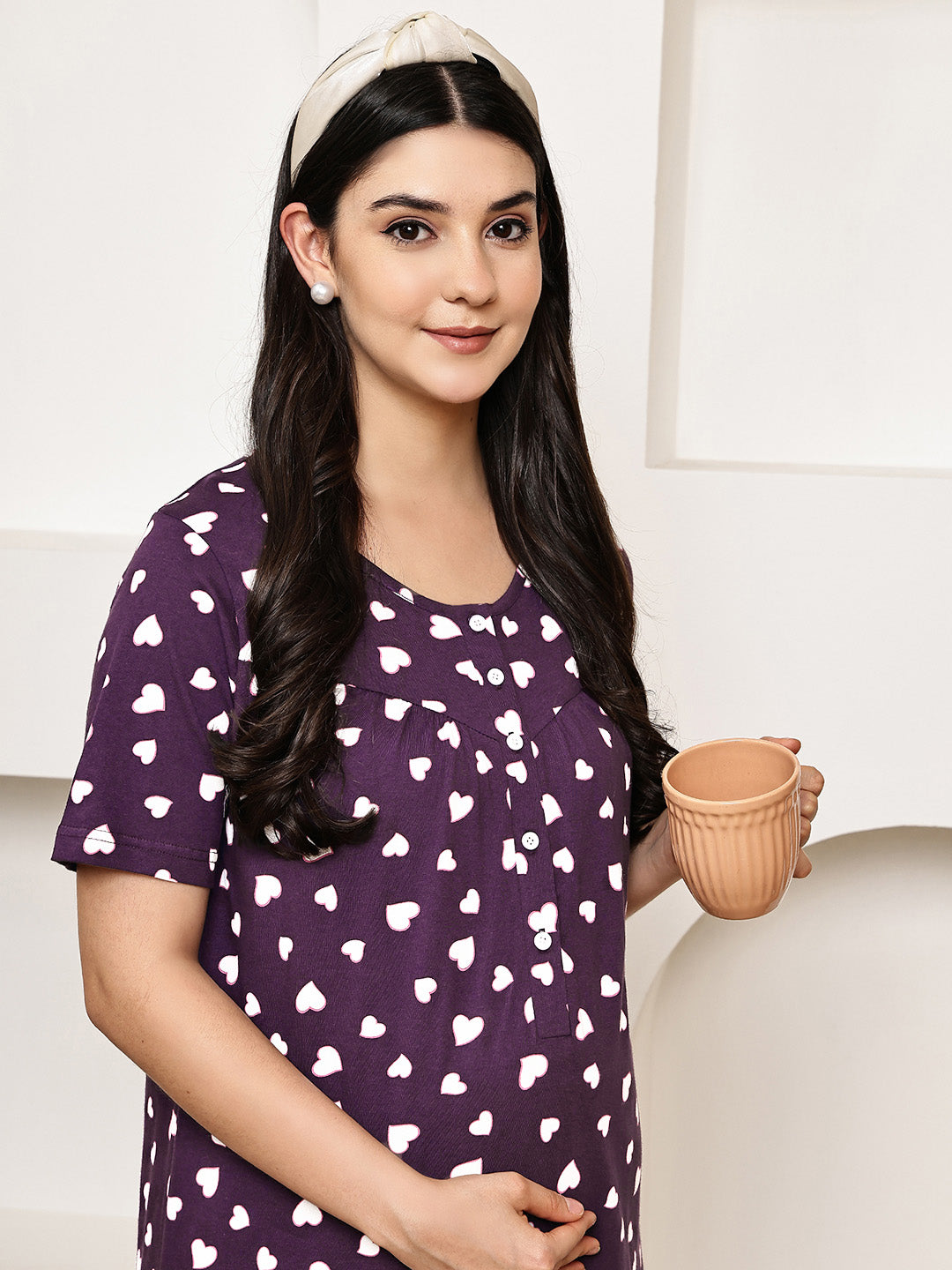 Violet Heart Print Hosiery Maternity Nighty