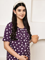 Violet Heart Print Hosiery Maternity Nighty