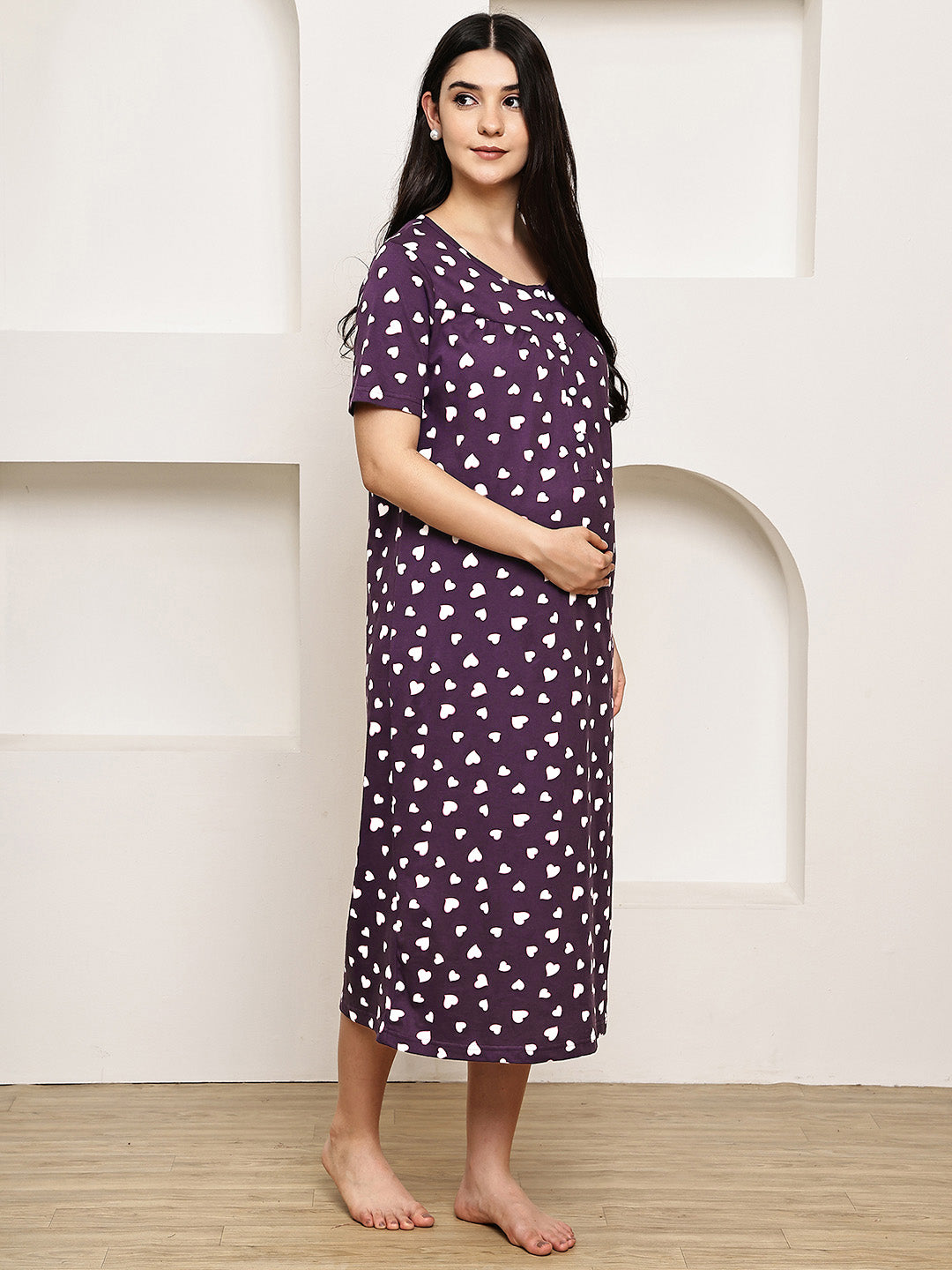 Violet Heart Print Hosiery Maternity Nighty