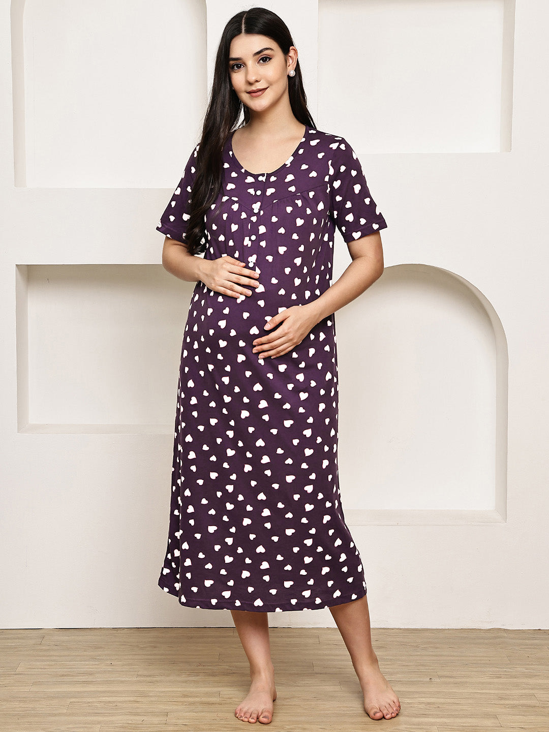 Violet Heart Print Hosiery Maternity Nighty