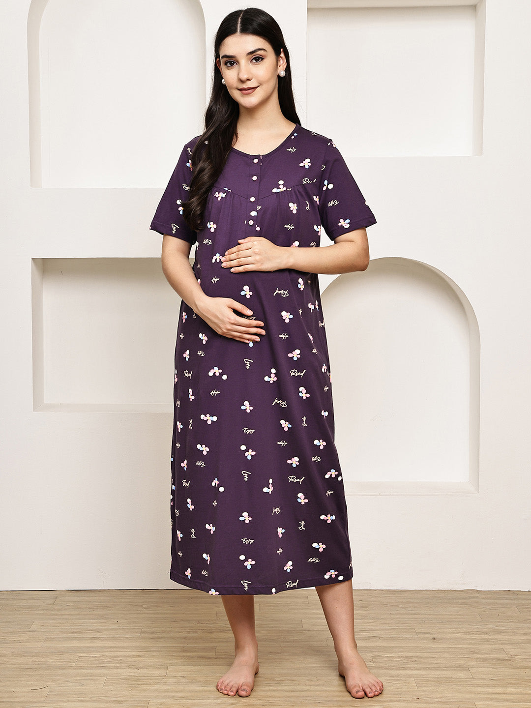 Purple Floral Hosiery Maternity Nighty