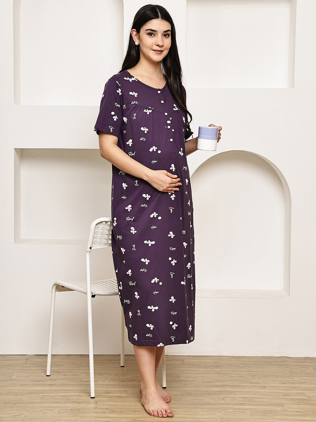 Purple Floral Hosiery Maternity Nighty