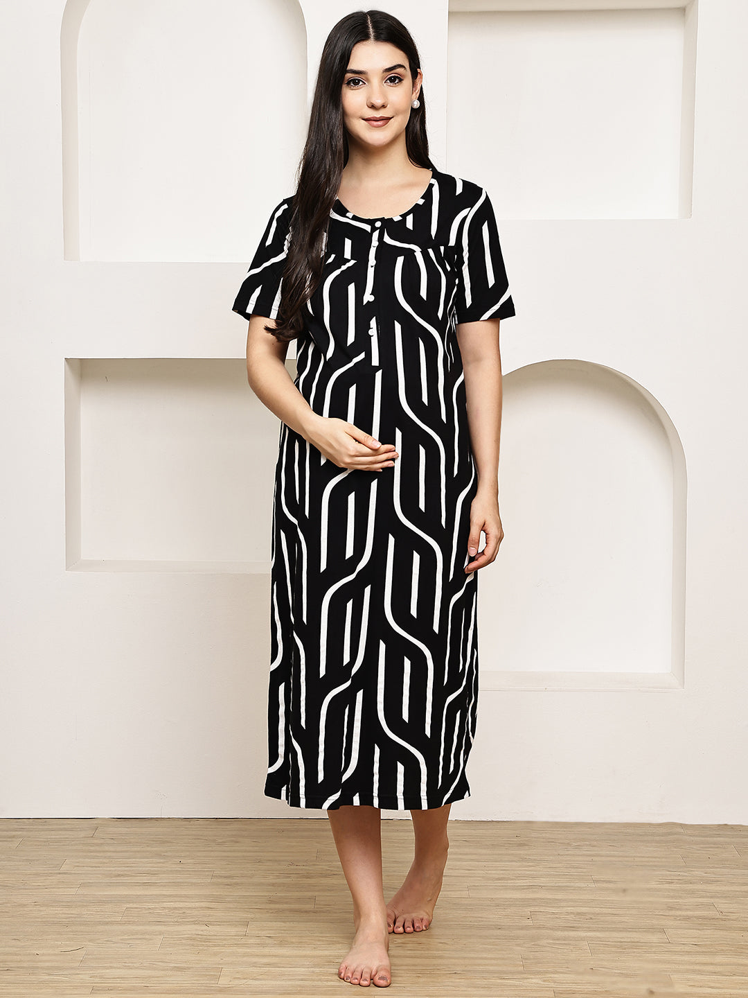 Black Abstract Hosiery Maternity Nighty