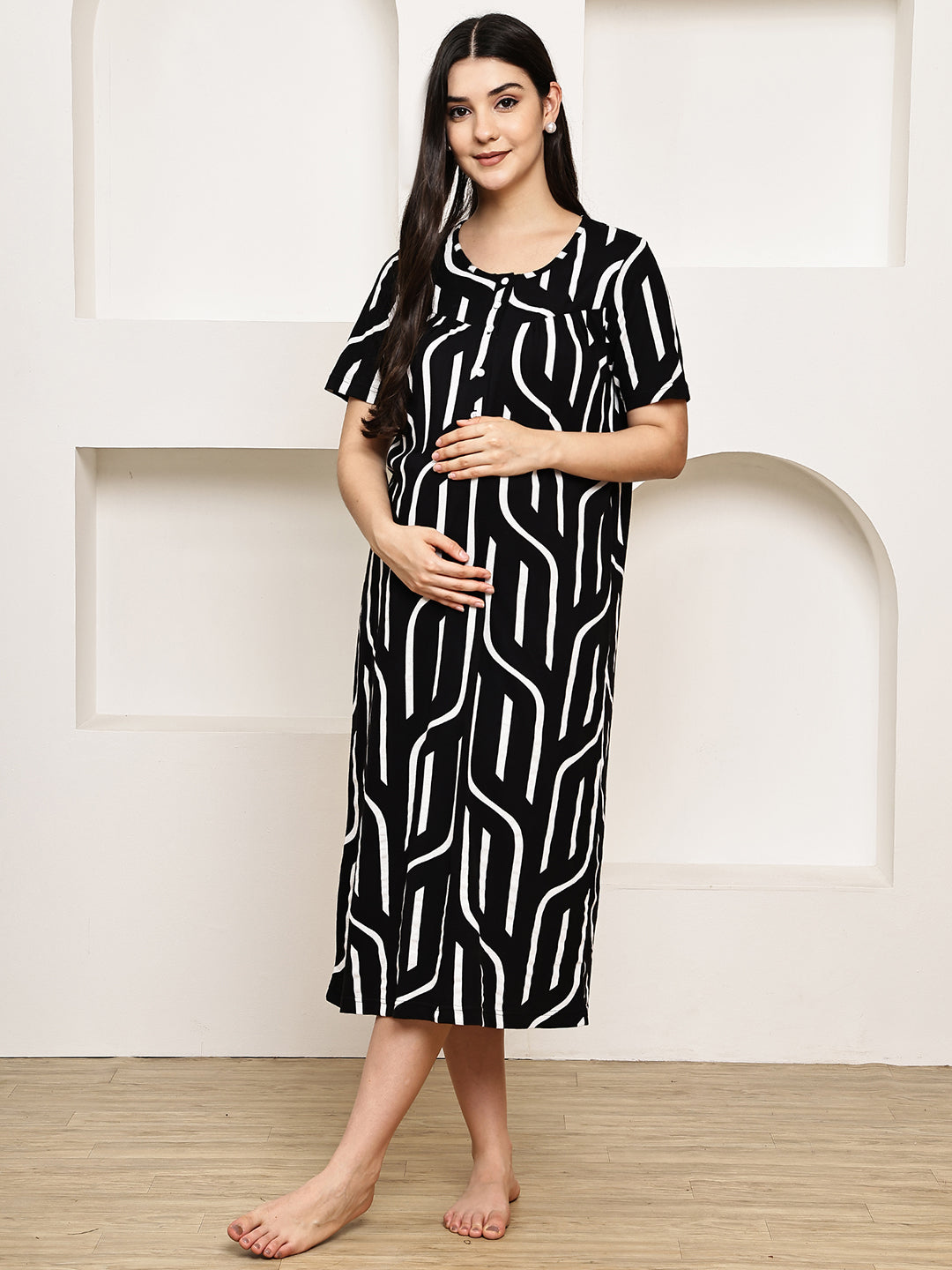 Black Abstract Hosiery Maternity Nighty