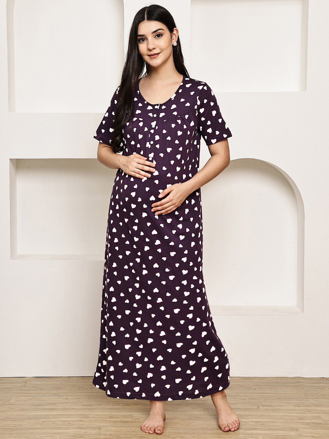 Violet Heart Print Hosiery Maternity Nighty