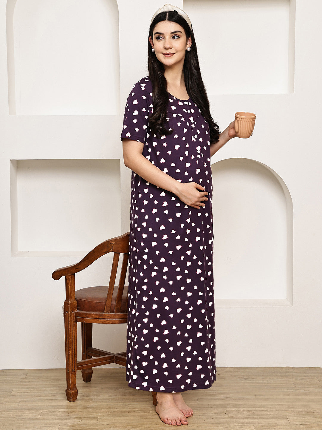Violet Heart Print Hosiery Maternity Nighty