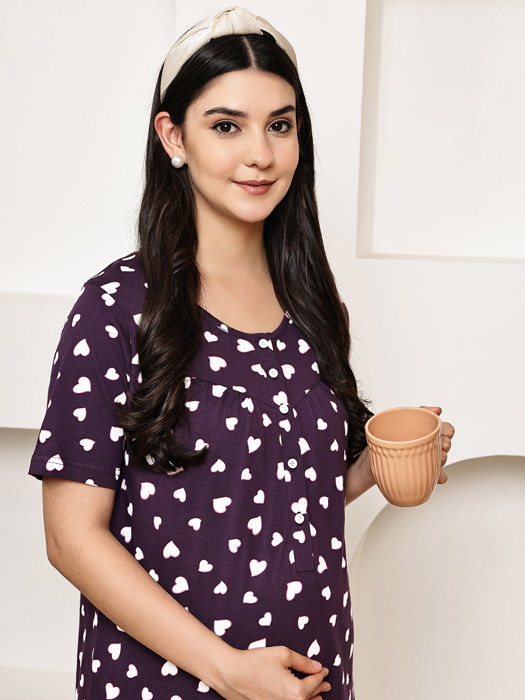 Violet Heart Print Hosiery Maternity Nighty