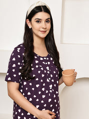 Violet Heart Print Hosiery Maternity Nighty