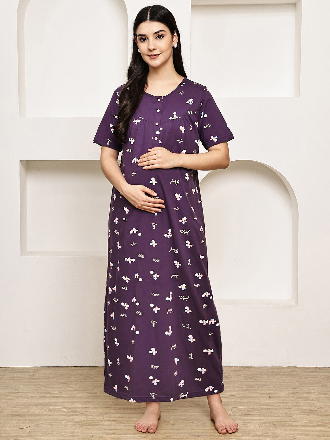 Purple Floral Hosiery Maternity Nighty