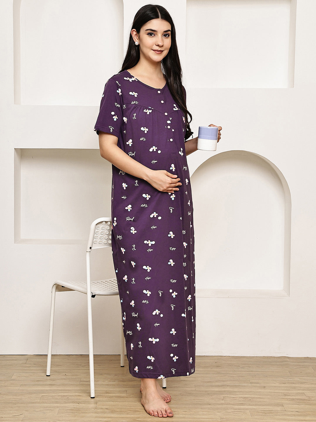 Purple Floral Hosiery Maternity Nighty