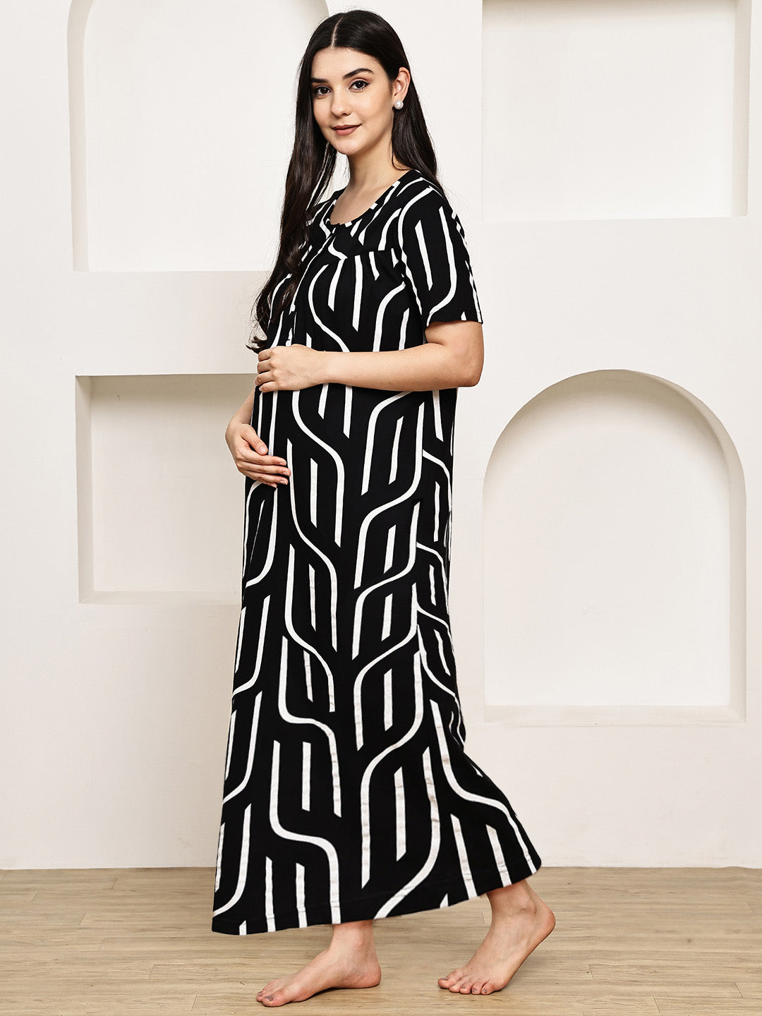 Black Abstract Hosiery Maternity Nighty