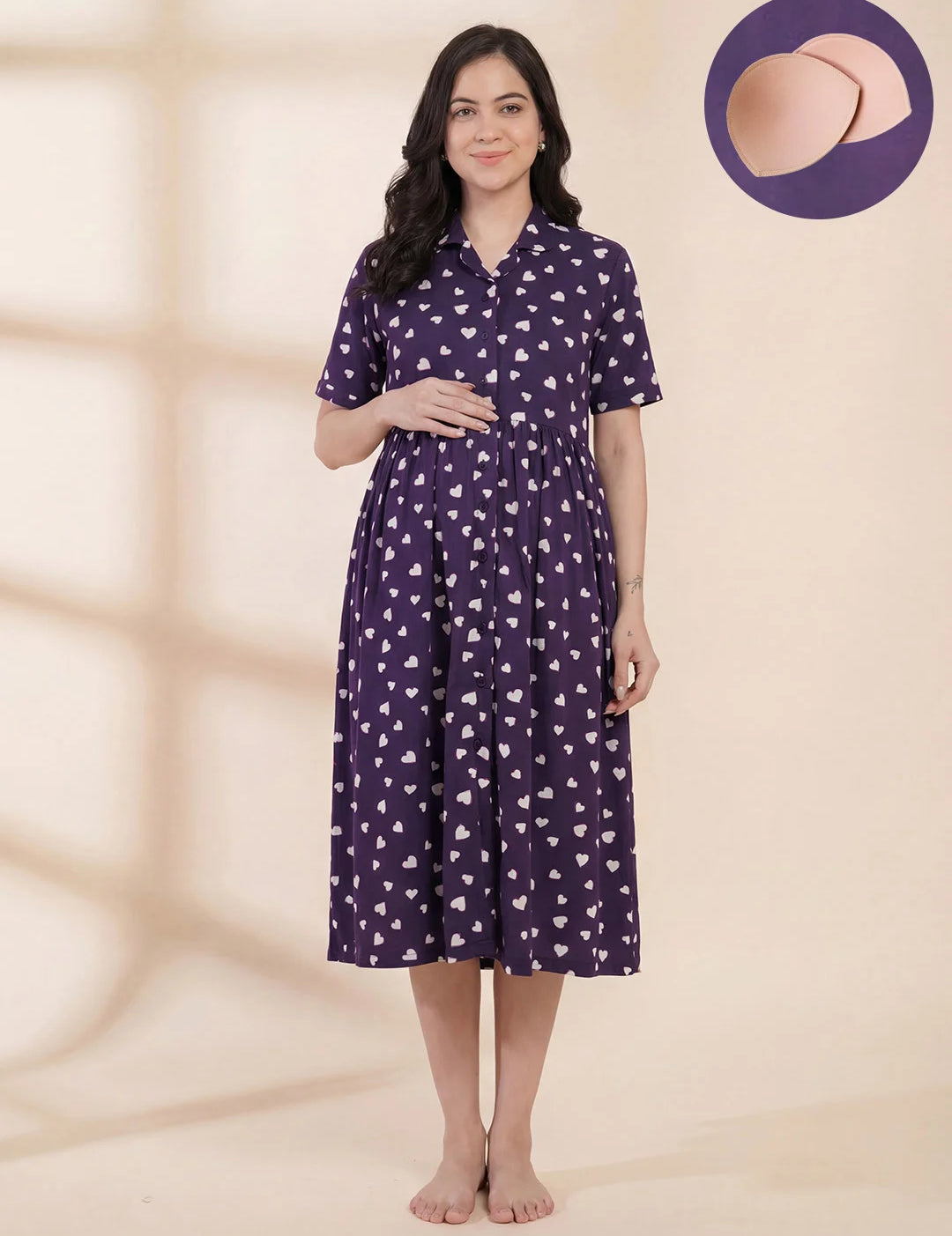 Blue Printed Hosiery Padded Maternity Nighty