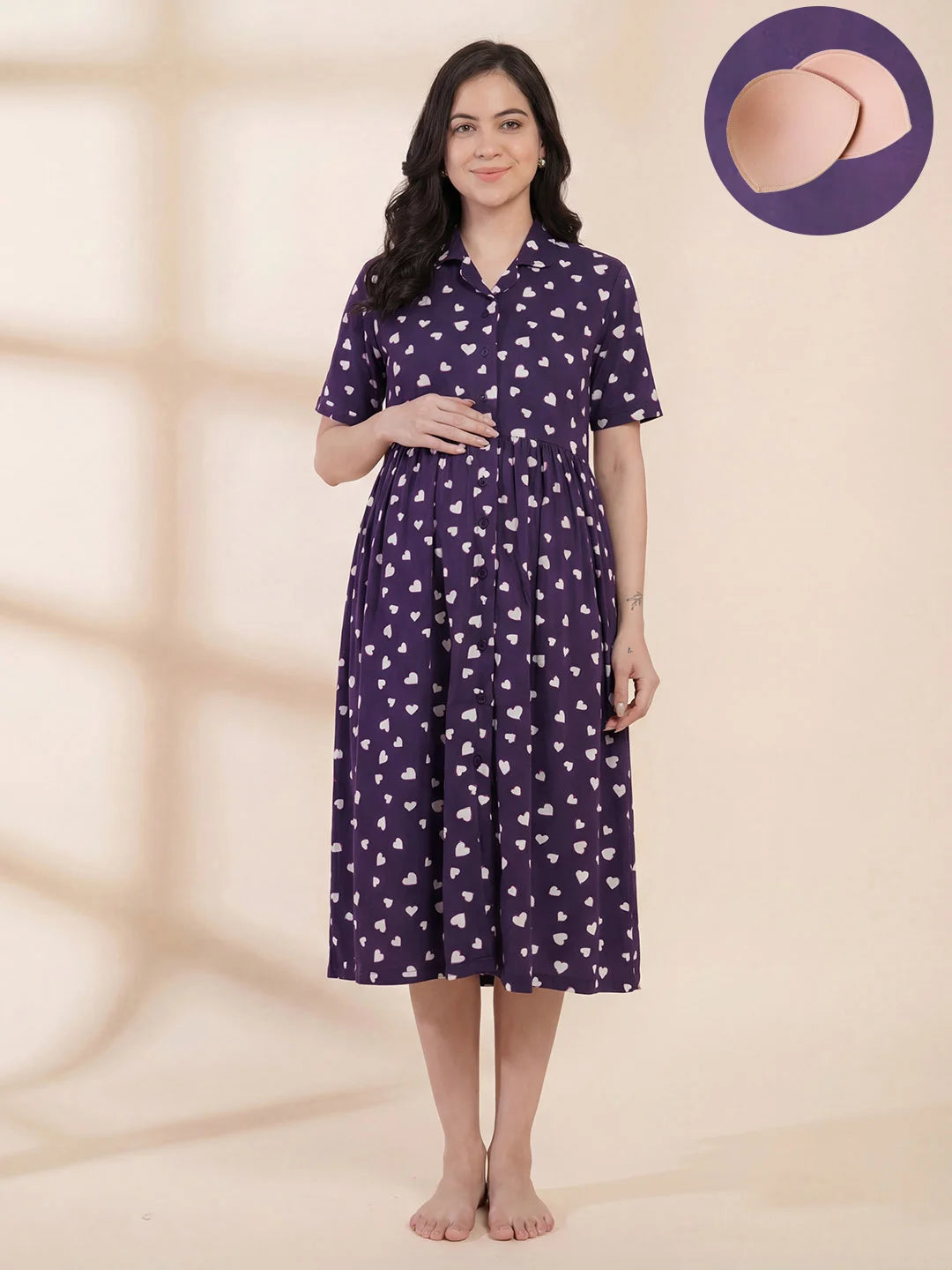 Blue Printed Hosiery Padded Maternity Nighty