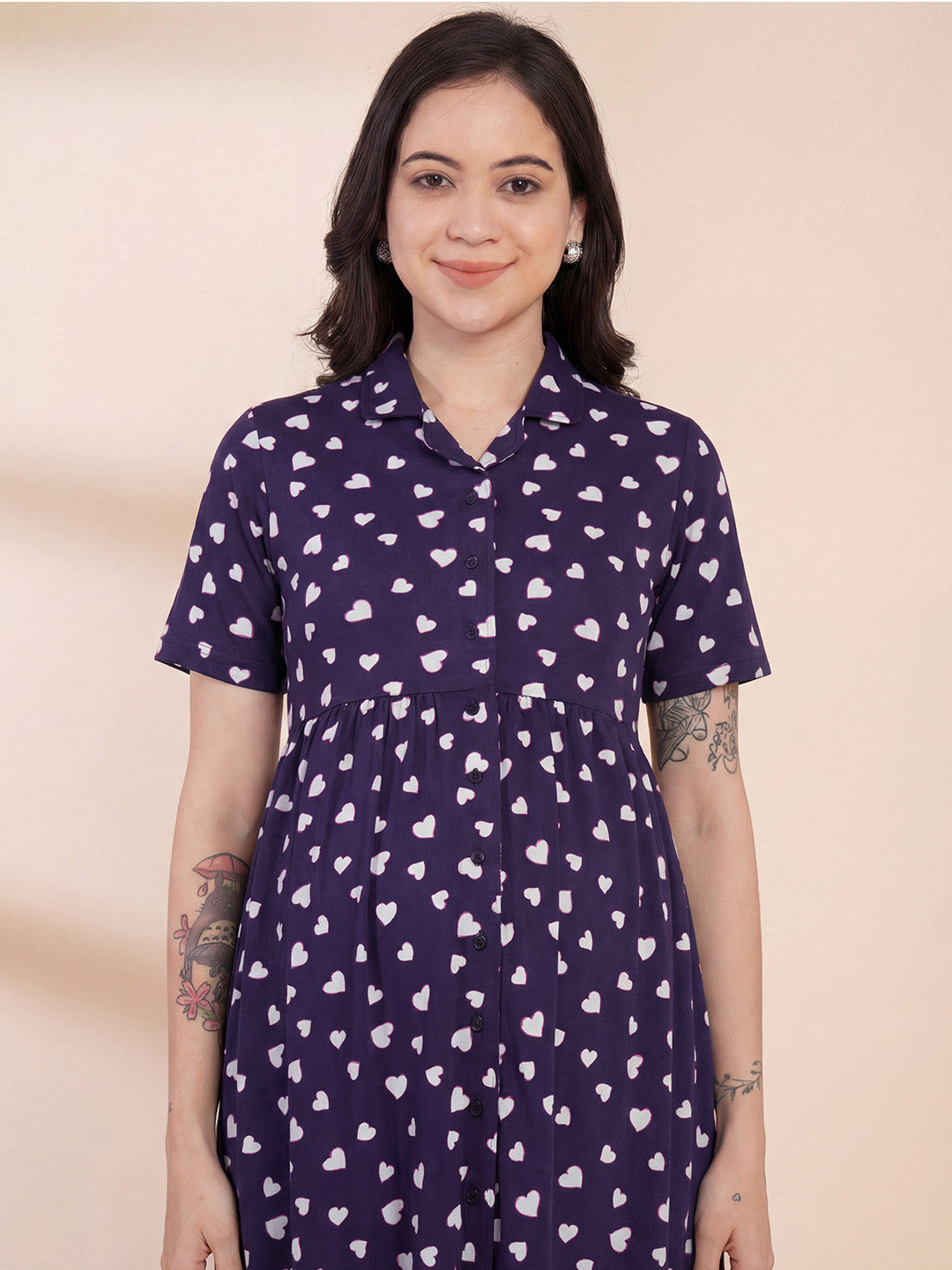 Blue Printed Hosiery Padded Maternity Nighty