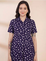 Purple Printed Hosiery Padded Maternity Nighty