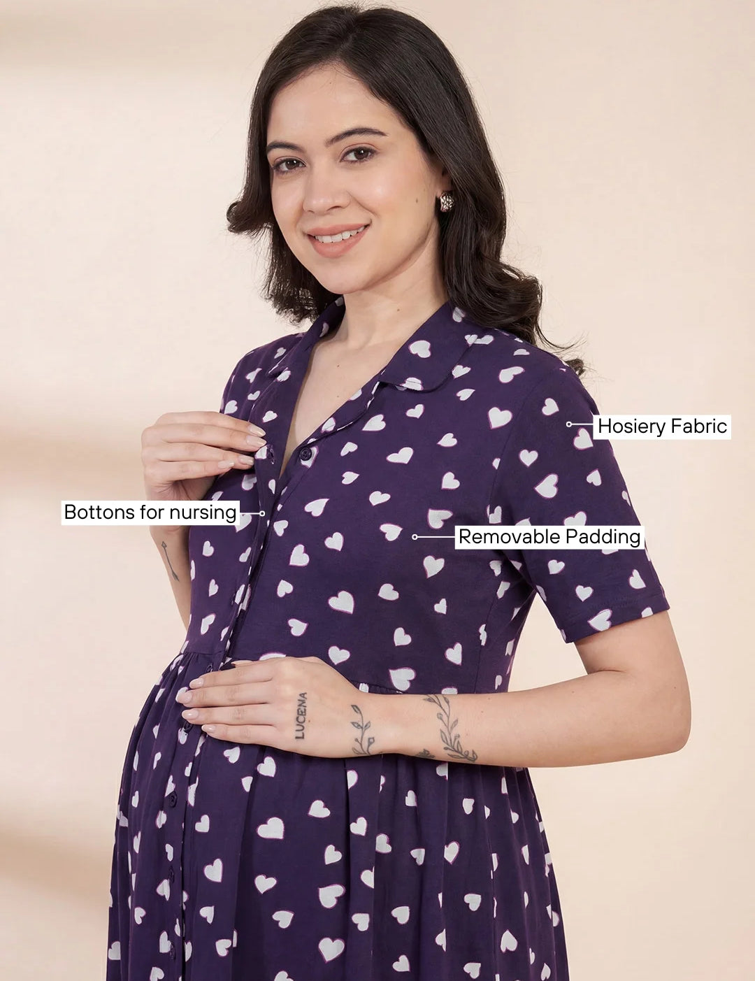 Blue Printed Hosiery Padded Maternity Nighty