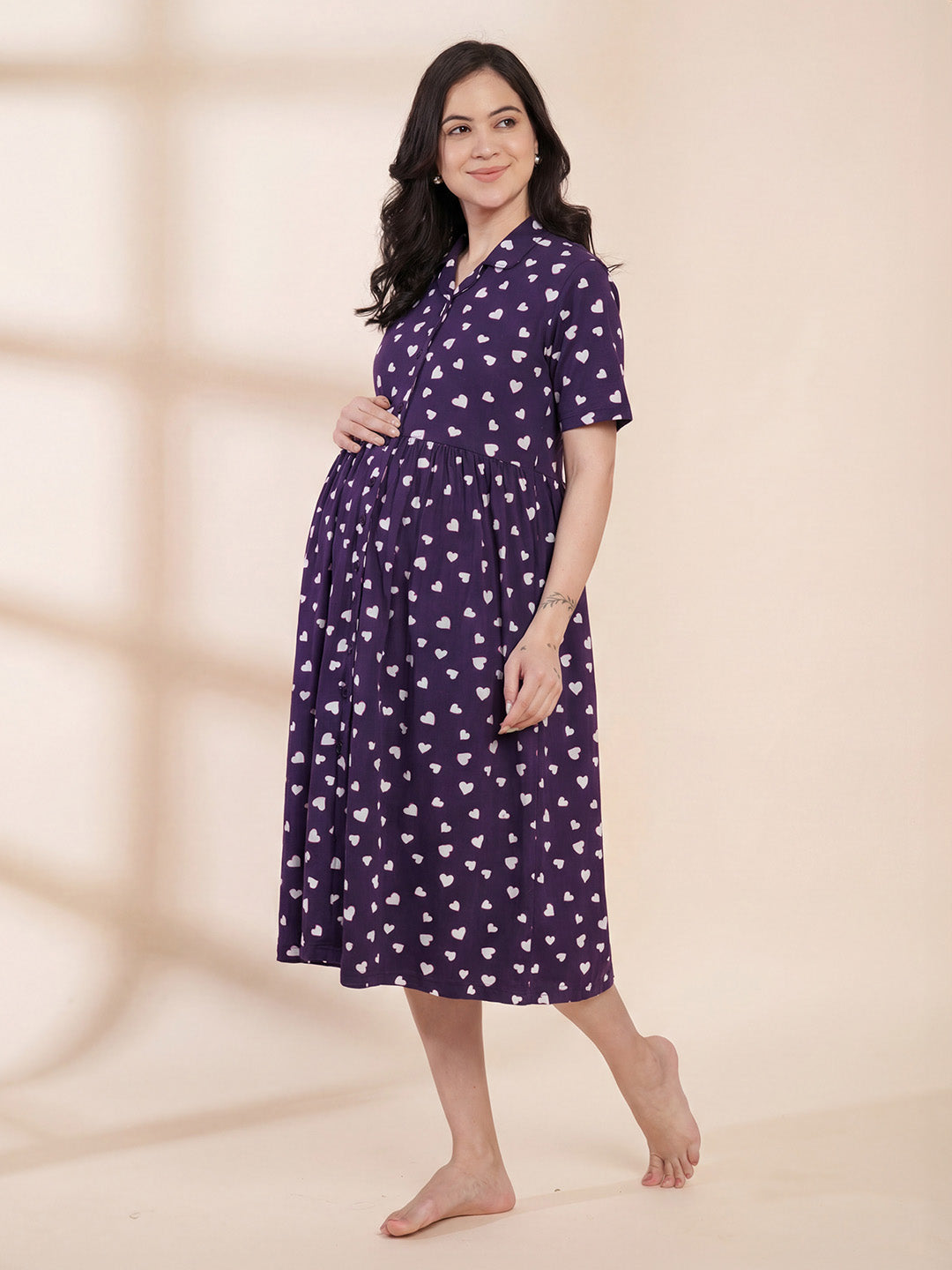 Blue Printed Hosiery Padded Maternity Nighty
