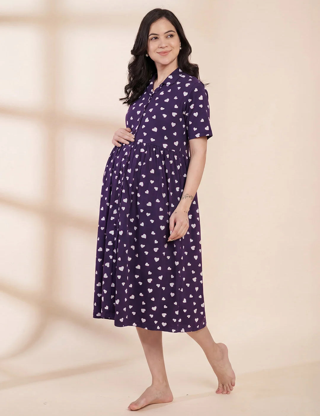 Blue Printed Hosiery Padded Maternity Nighty