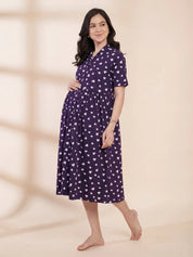 Purple Printed Hosiery Padded Maternity Nighty