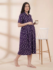 Purple Printed Hosiery Padded Maternity Nighty