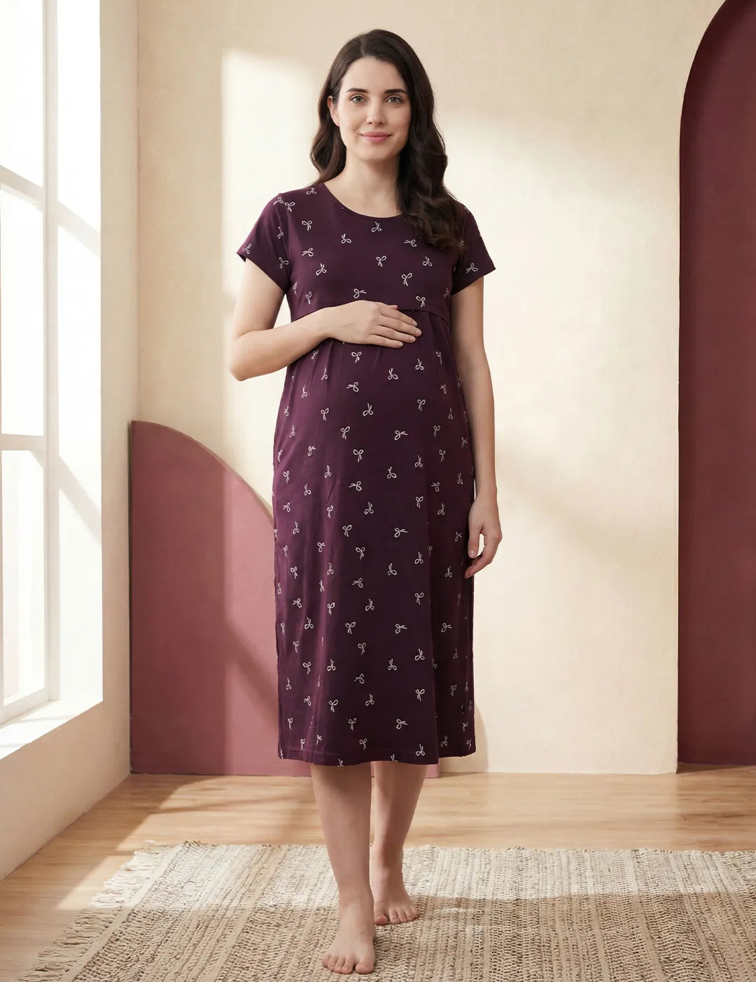 Purple Printed Hosiery Maternity Nighty