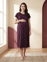 Purple Printed Bow Hosiery Maternity Nighty