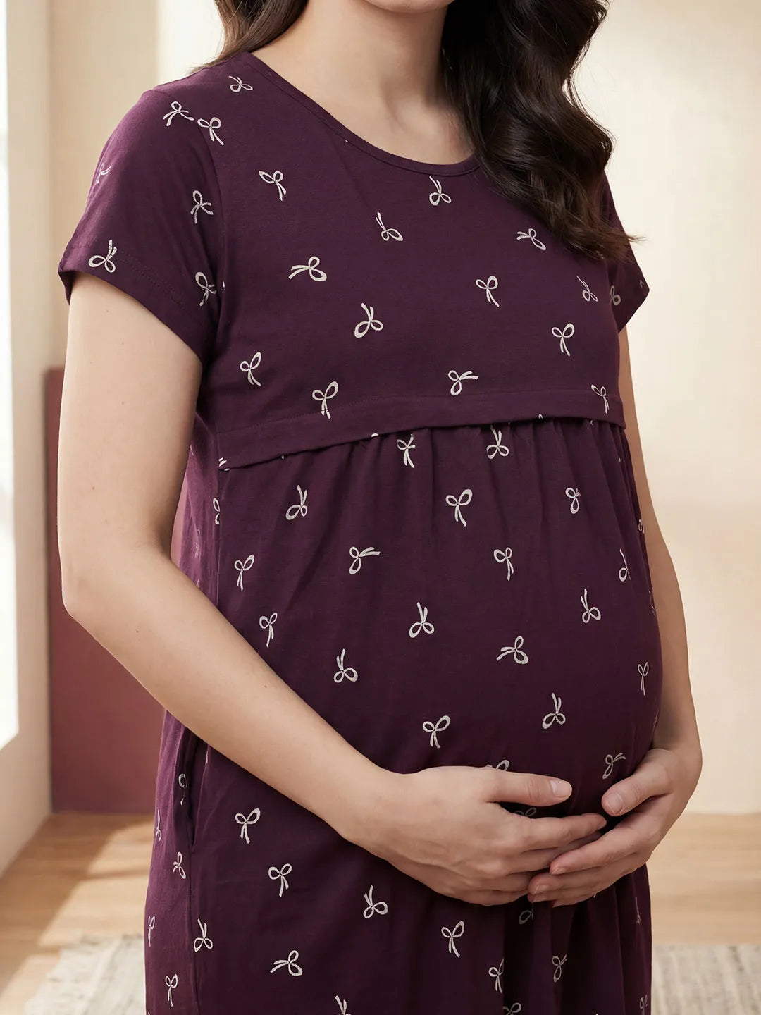 Purple Printed Bow Hosiery Maternity Nighty