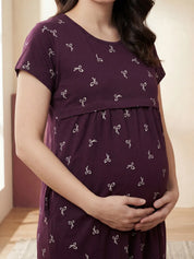 Purple Printed Bow Hosiery Maternity Nighty