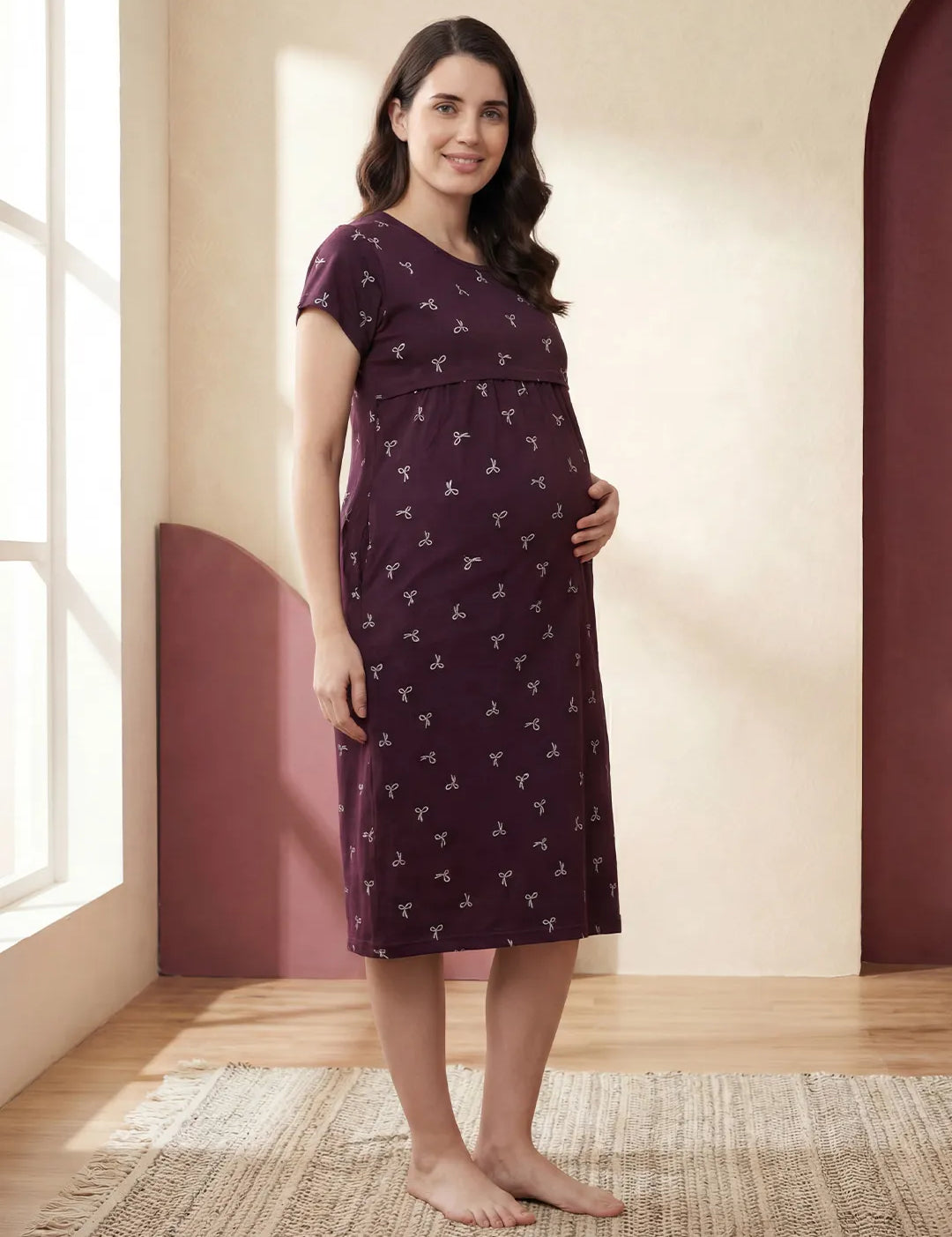 Purple Printed Hosiery Maternity Nighty