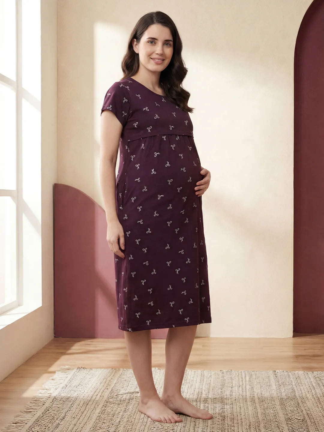 Purple Printed Hosiery Maternity Nighty