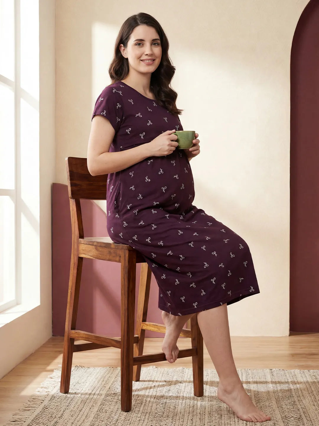 Purple Printed Bow Hosiery Maternity Nighty