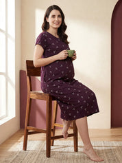 Purple Printed Bow Hosiery Maternity Nighty