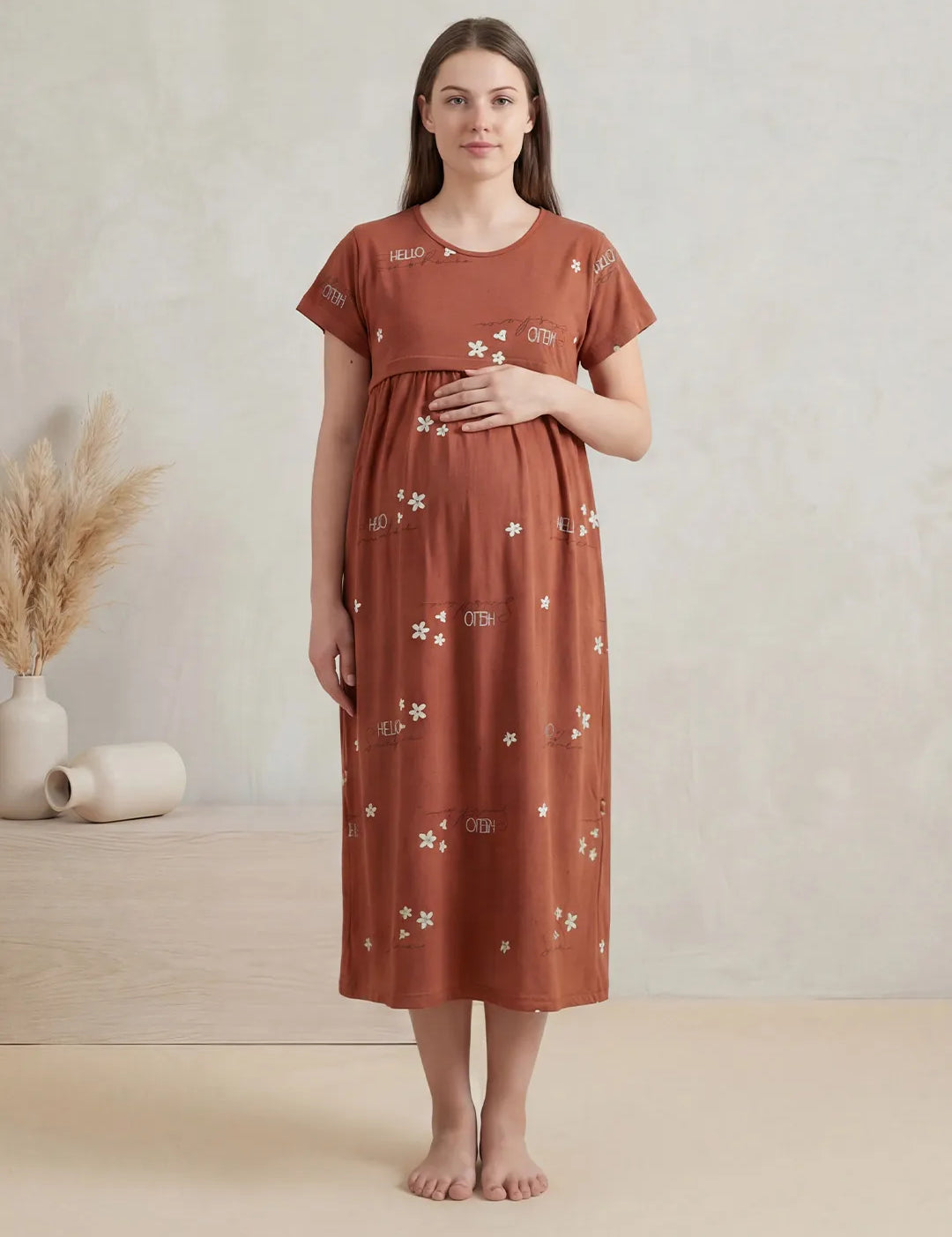 Rust Printed Hosiery Maternity Nighty
