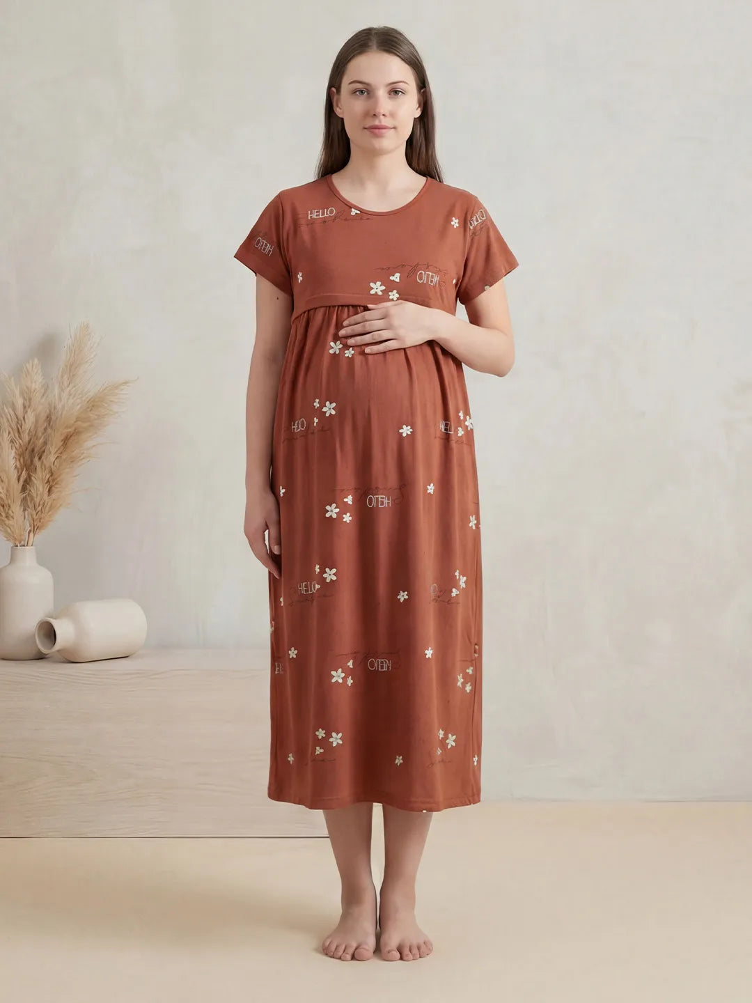Rust Printed Hosiery Maternity Nighty