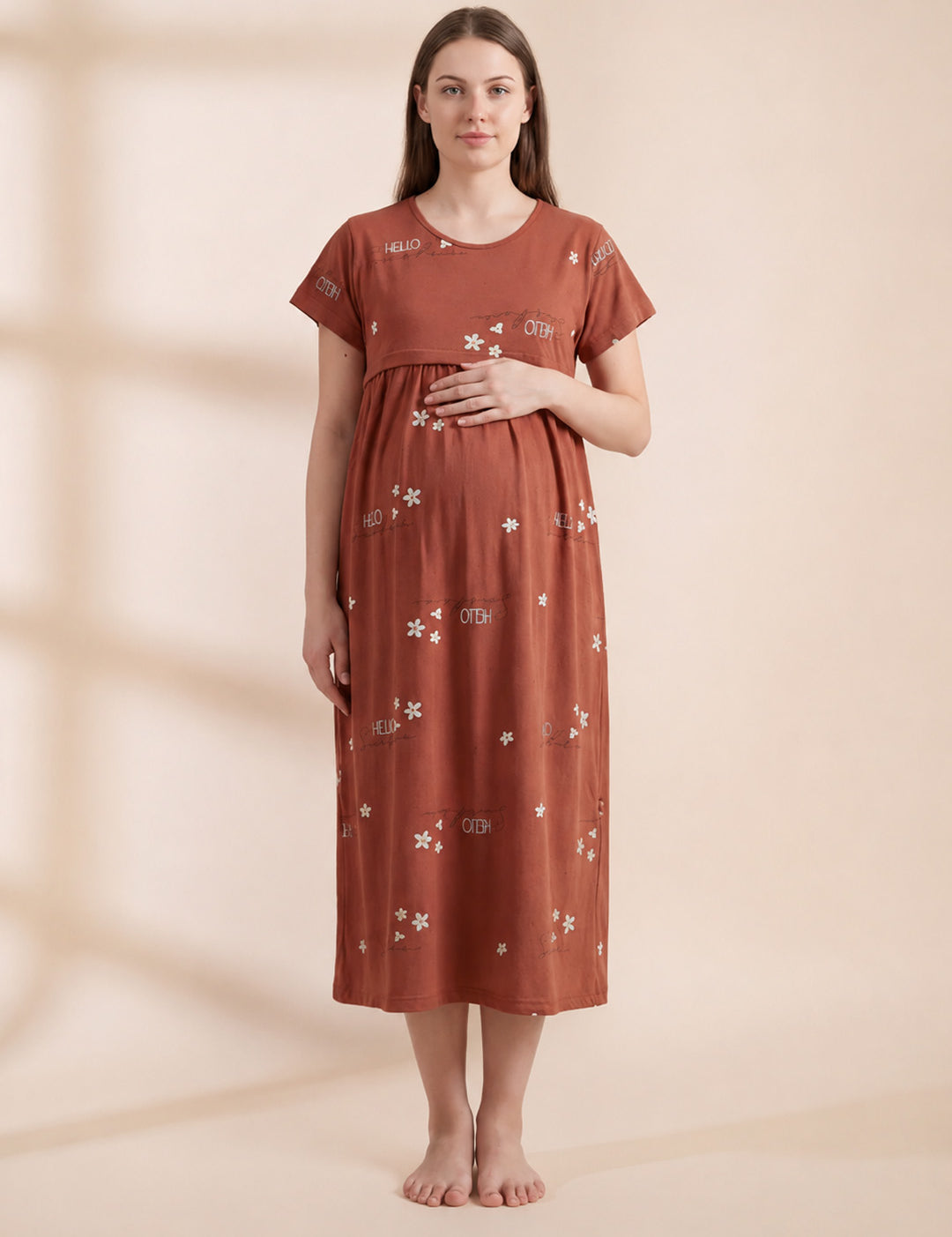 Rust Printed Hosiery Maternity Nighty
