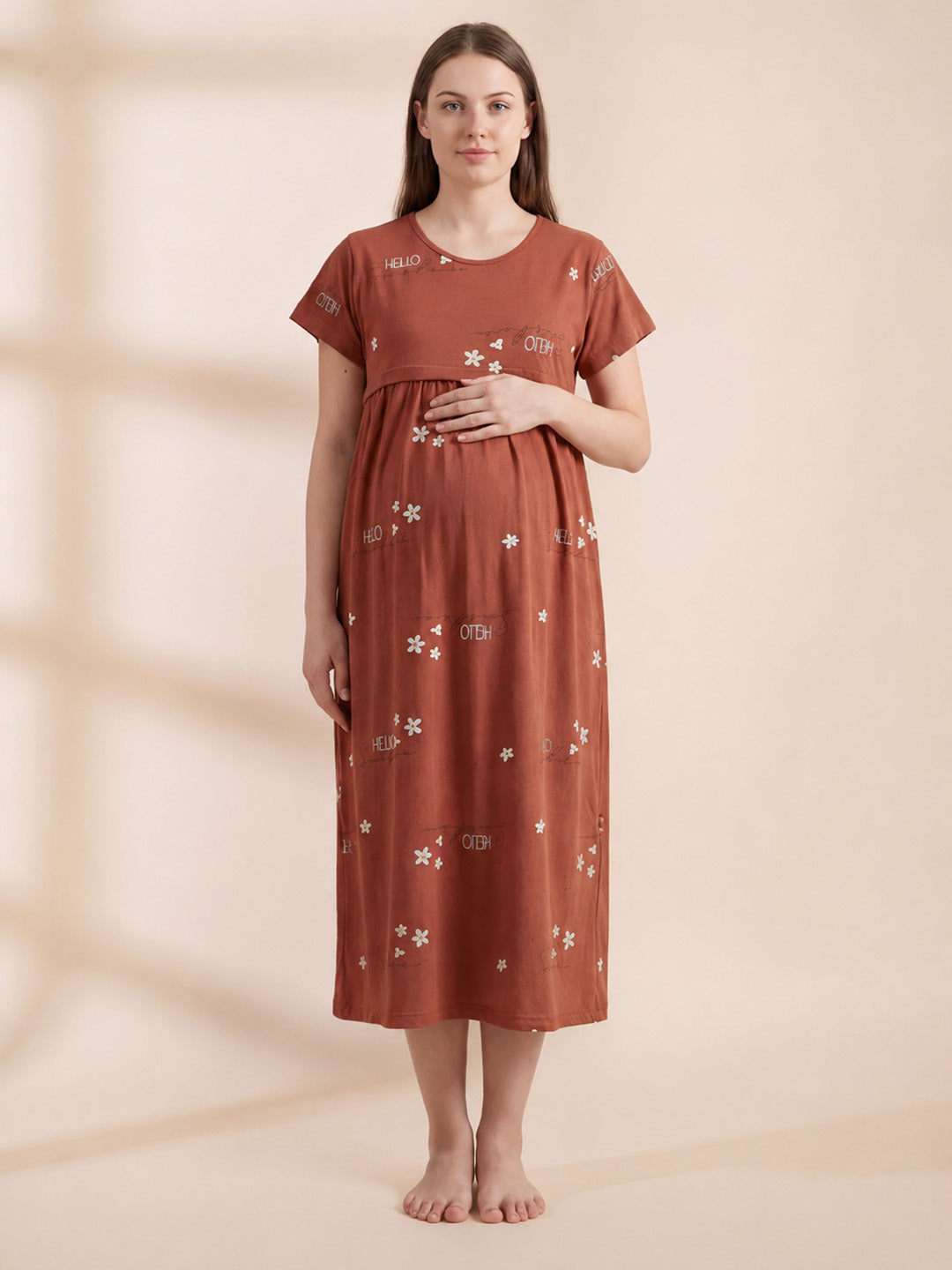 Rust Printed Hosiery Maternity Nighty