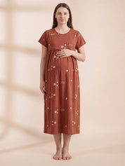 Rust Printed Hosiery Maternity Nighty