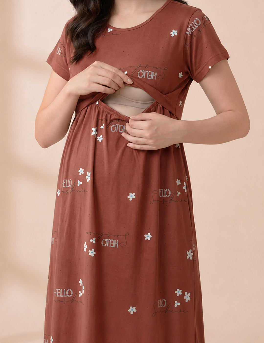 Rust Printed Hosiery Maternity Nighty