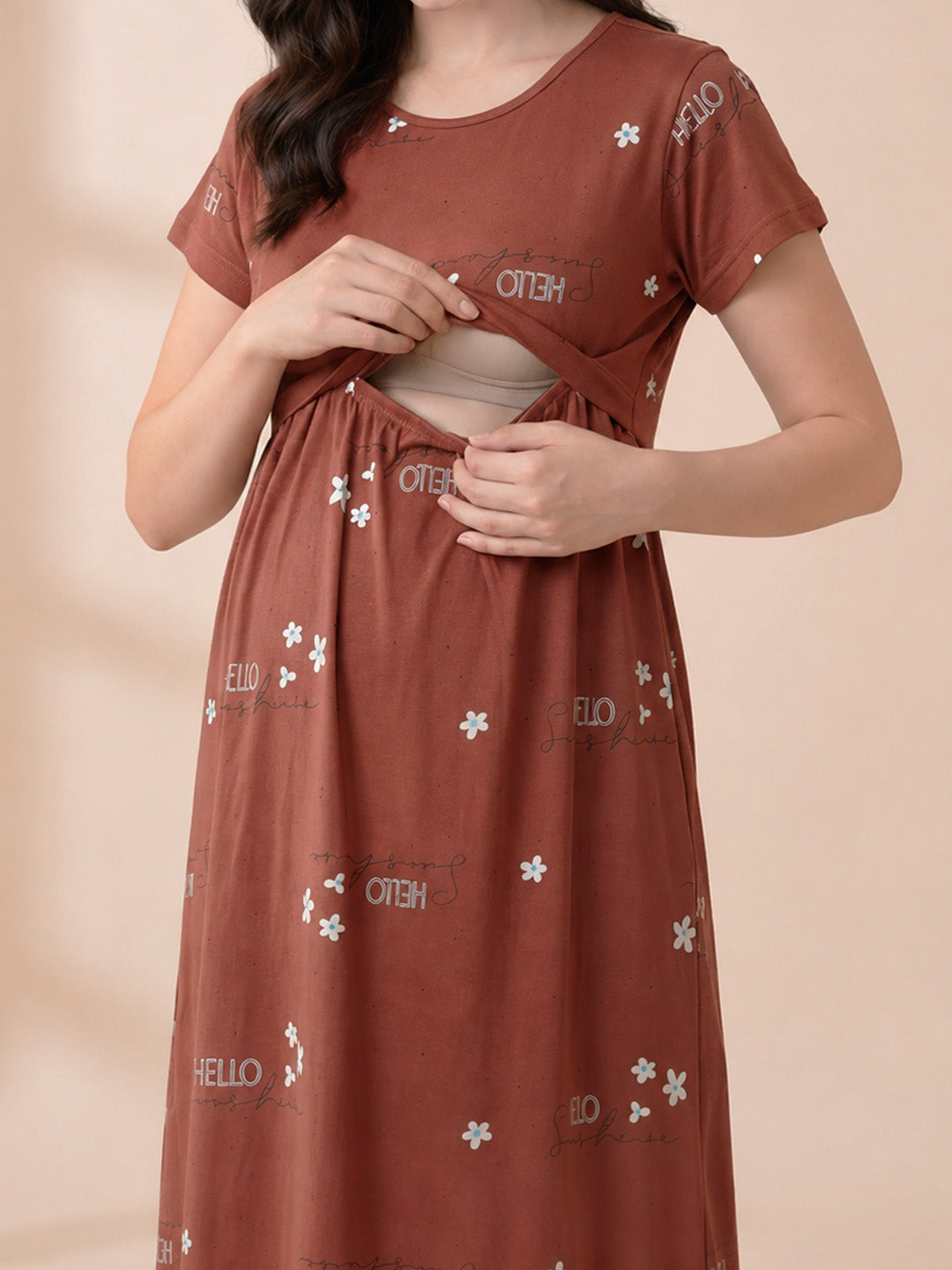 Rust Printed Hosiery Maternity Nighty