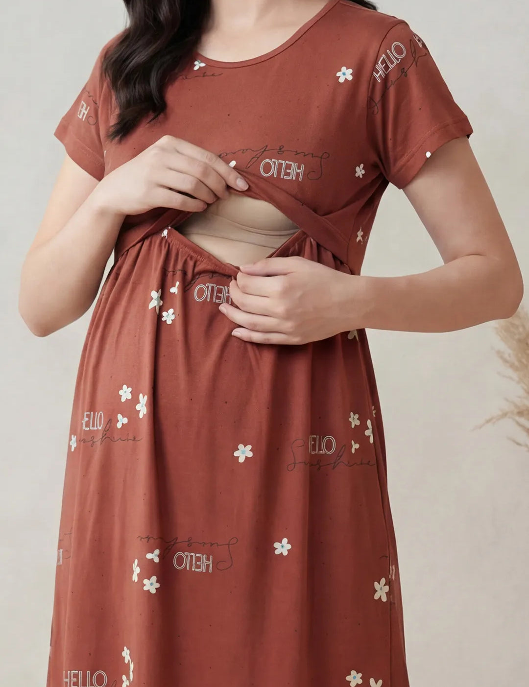 Rust Printed Hosiery Maternity Nighty