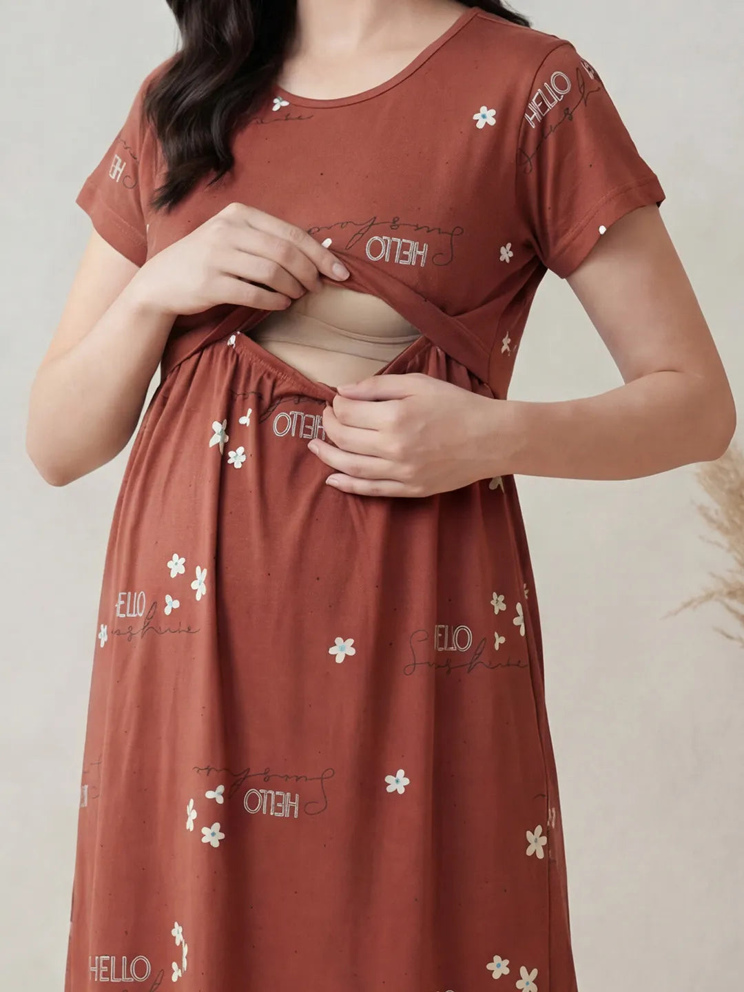 Rust Printed Hosiery Maternity Nighty