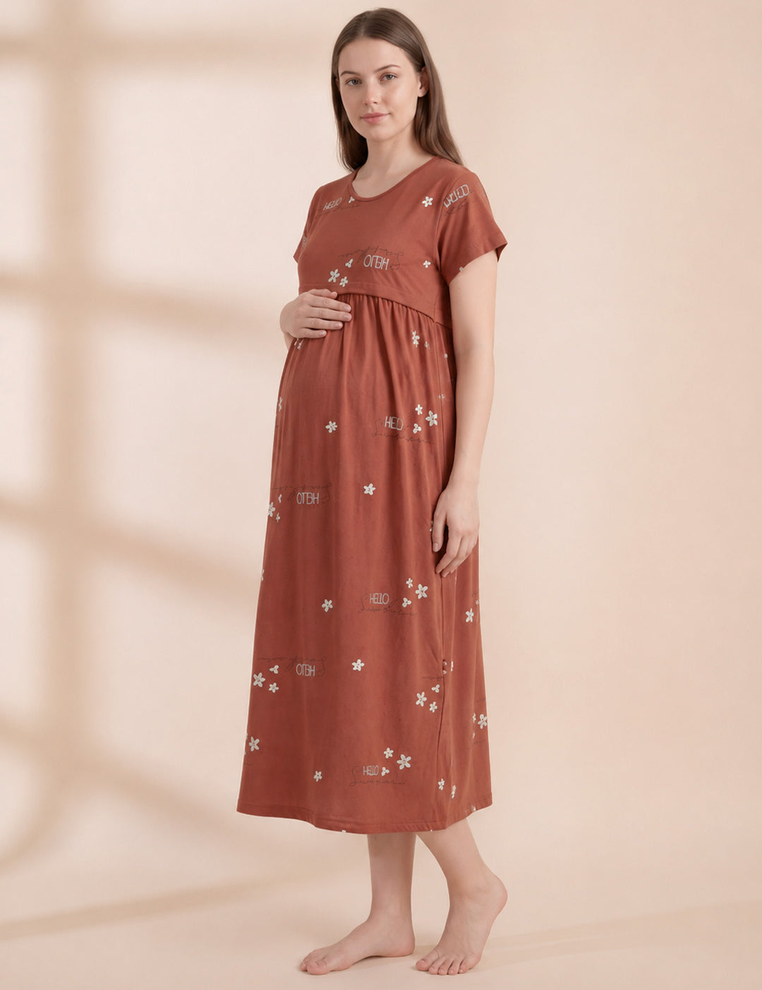 Rust Printed Hosiery Maternity Nighty