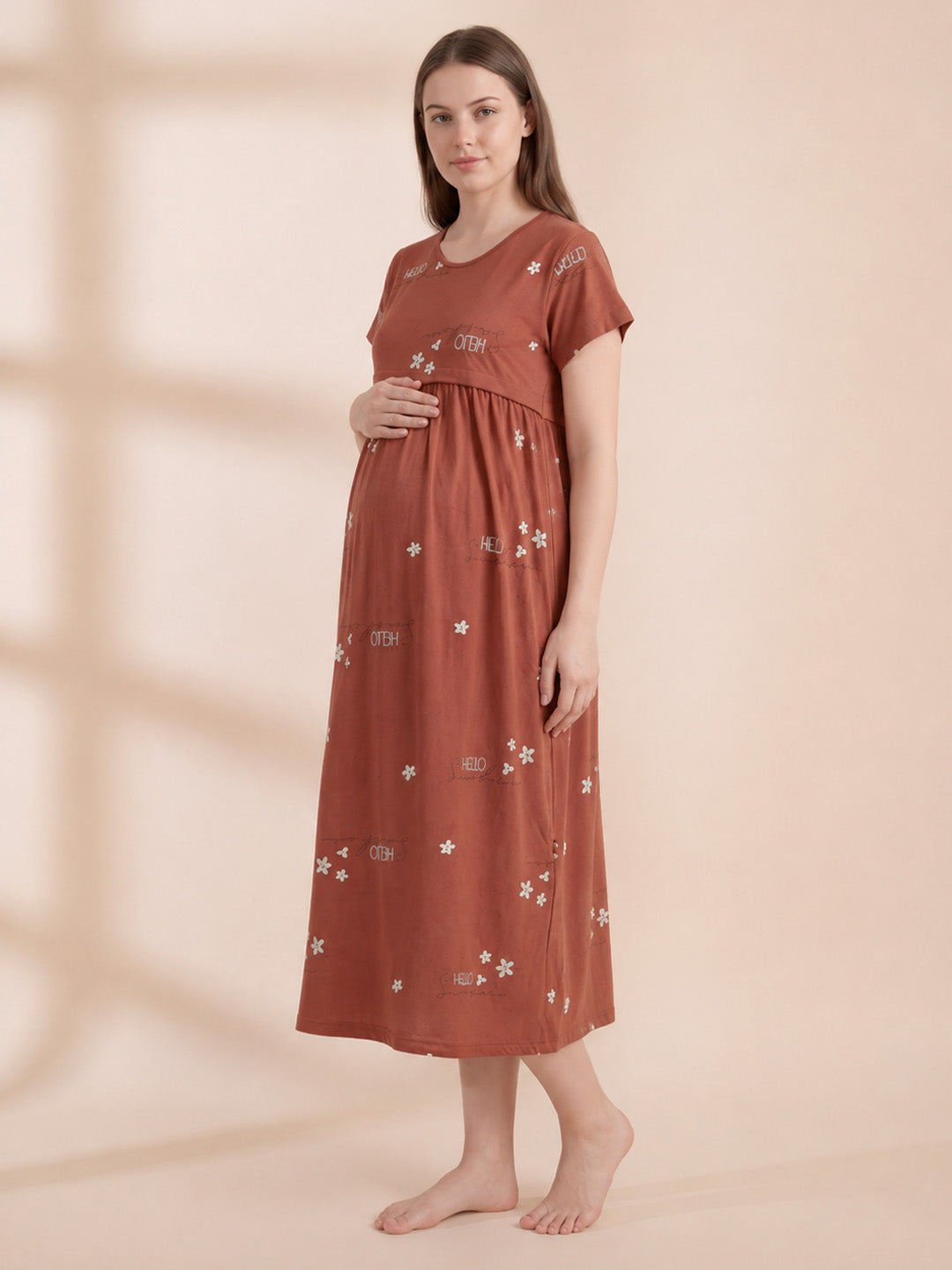 Rust Printed Hosiery Maternity Nighty