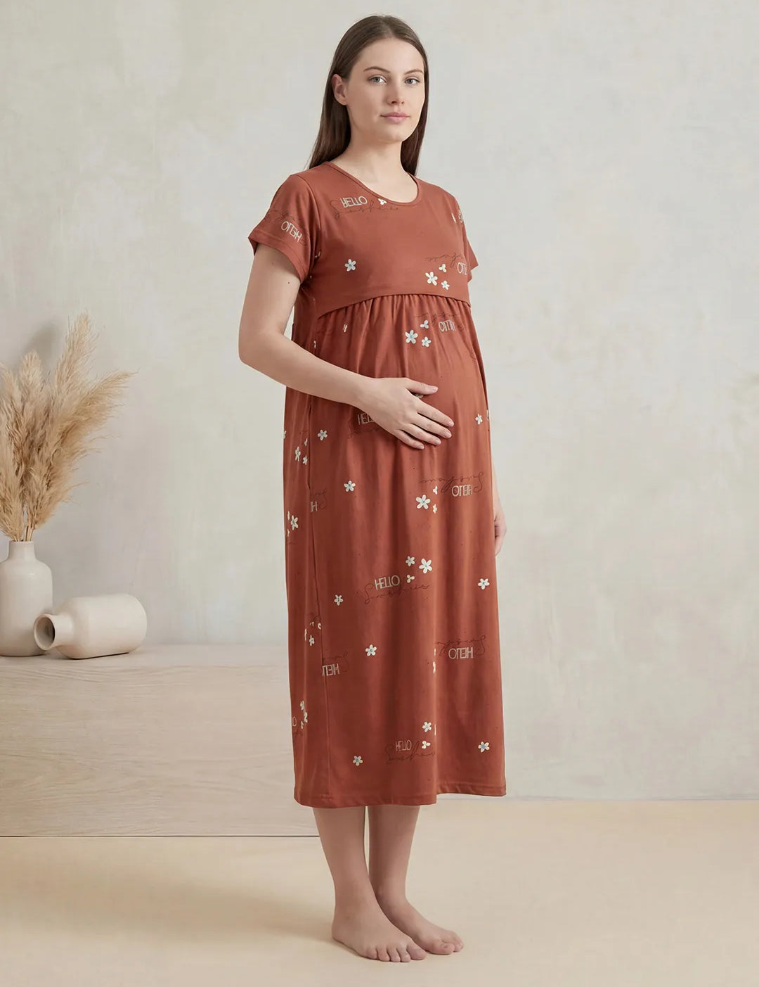 Rust Printed Hosiery Maternity Nighty