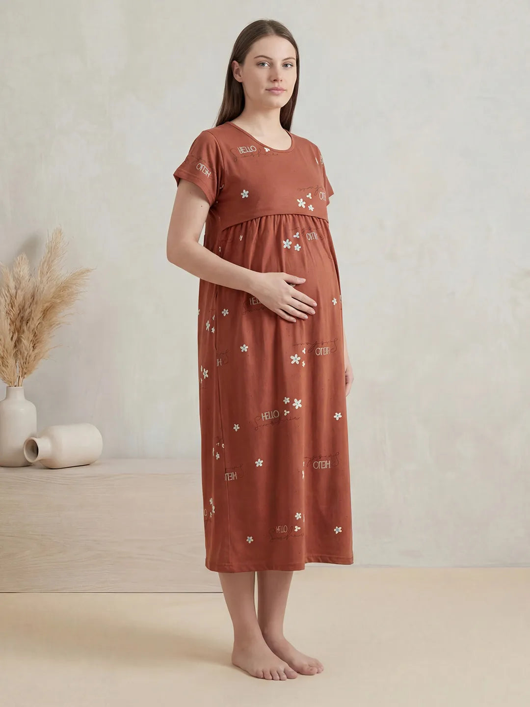 Rust Printed Hosiery Maternity Nighty