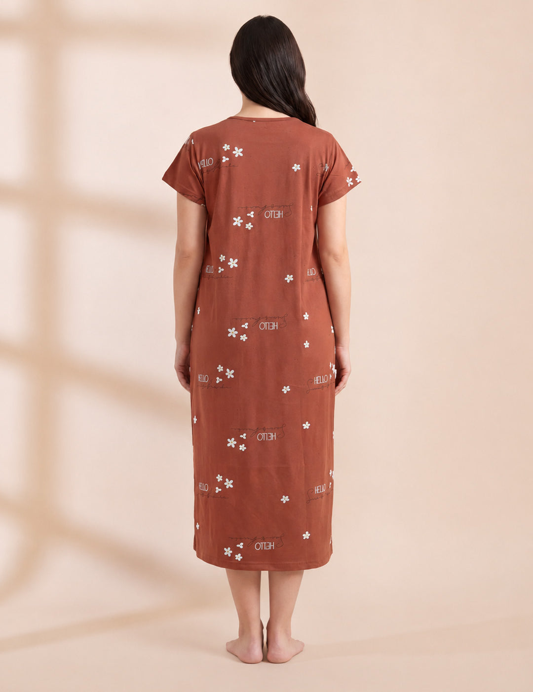 Rust Printed Hosiery Maternity Nighty