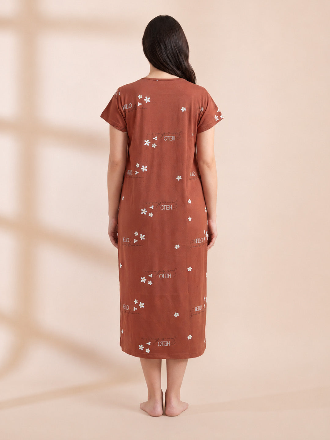 Rust Printed Hosiery Maternity Nighty