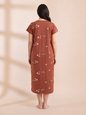 Rust Printed Hosiery Maternity Nighty