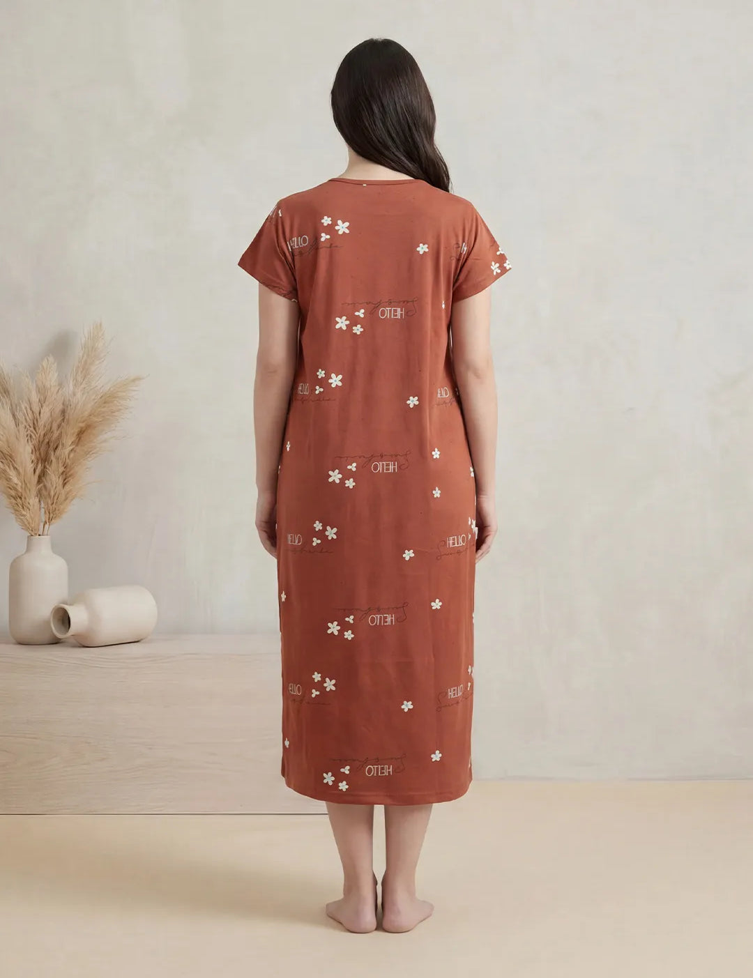 Rust Printed Hosiery Maternity Nighty